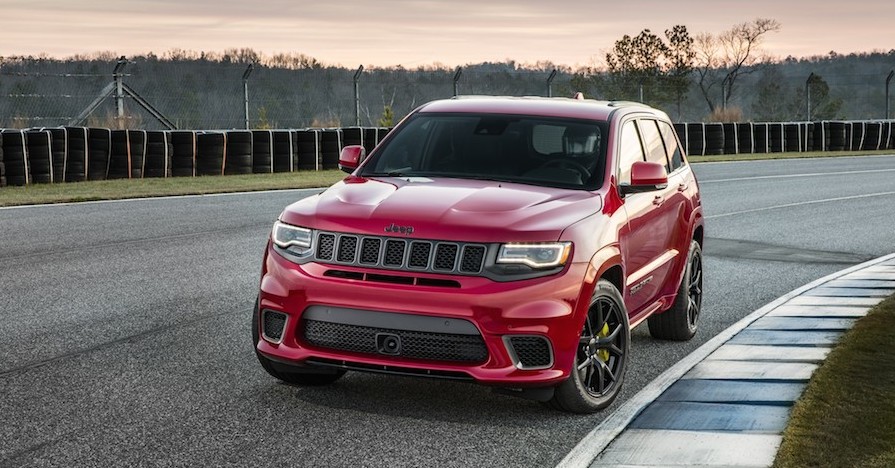 The Jeep Grand Cherokee Trackhawk featured on a racetrack.