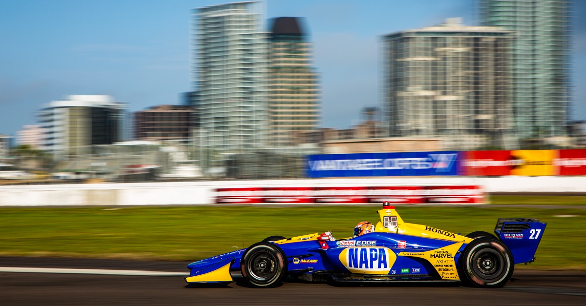 | Driver: Alexander Rossi| Team: Andretti Autosport| Number: 27| Car: Dallara DW12 UAK18| Keyword: Honda|Keyword: NAPA Auto Parts|| Photographer: Andy Clary| Event: Firestone Grand Prix of St Petersburg| Circuit: Streets of St Petersburg| Location: St Petersburg, Florida| Series: NTT IndyCar Series| Season: 2019| Country: US| Keyword: motor racing| Keyword: motorsport|Keyword: FL|Keyword: USA|Keyword: Albert Whitted Airport|Keyword: open wheel|Keyword: single seater|Keyword: road course|Keyword: street course|Keyword: street track|| Session: Final Warmup|