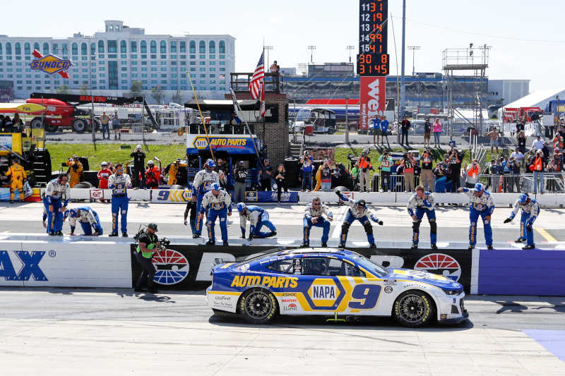 #9: Chase Elliott, Hendrick Motorsports, NAPA Auto Parts Chevrolet Camaro celebrates winning the DuraMAX Drydene 400.