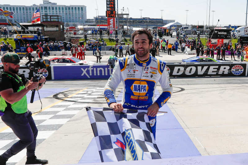 #9: Chase Elliott, Hendrick Motorsports, NAPA Auto Parts Chevrolet Camaro celebrates winning the DuraMAX Drydene 400.